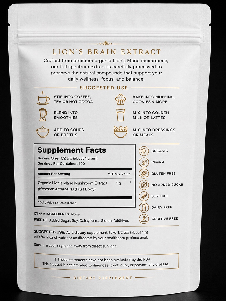 Lion's Brain Organic Lion's Mane Extract | Full Spectrum Fruiting Body|100g