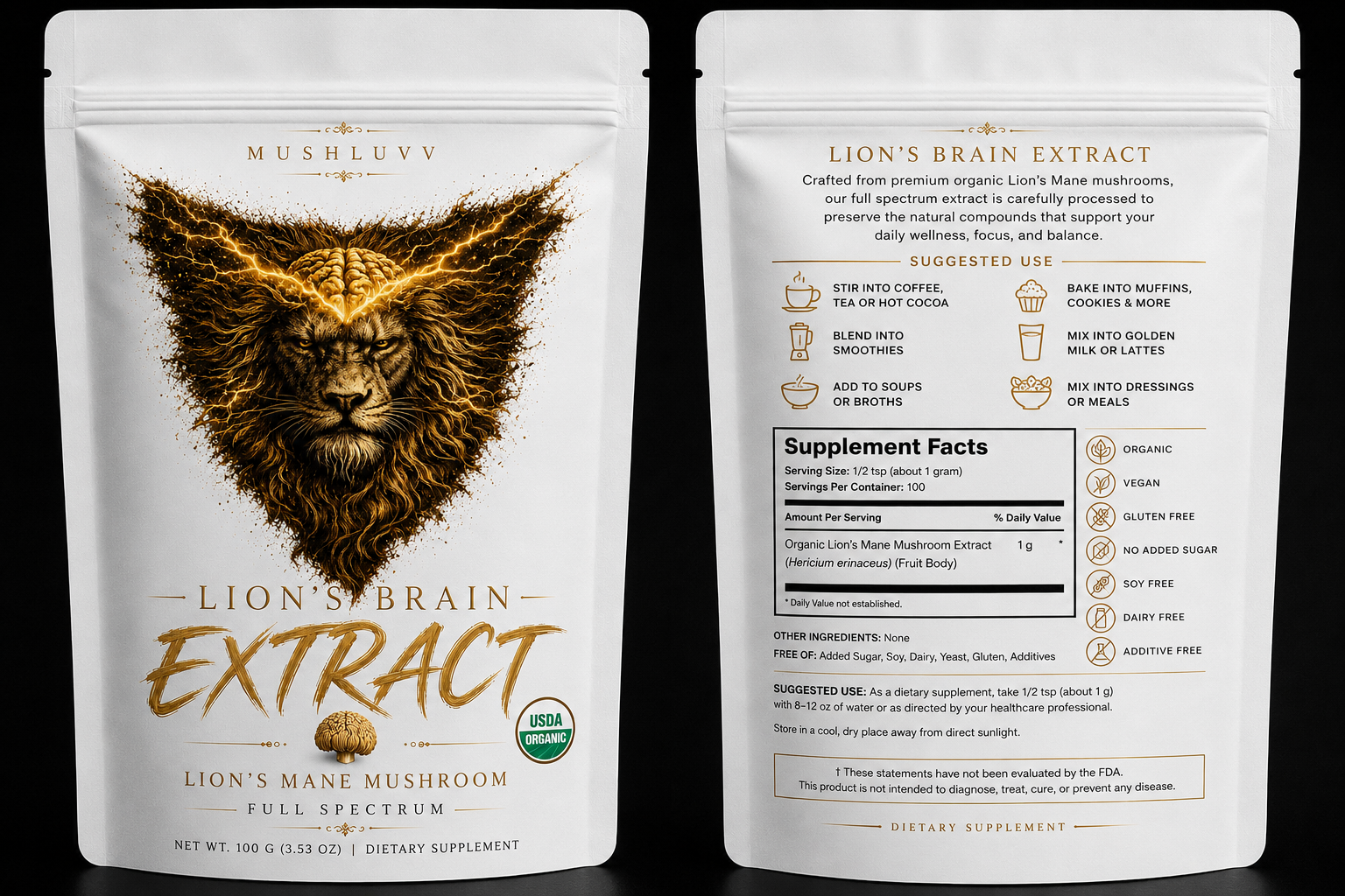 Lion's Brain Organic Lion's Mane Extract | Full Spectrum Fruiting Body|100g